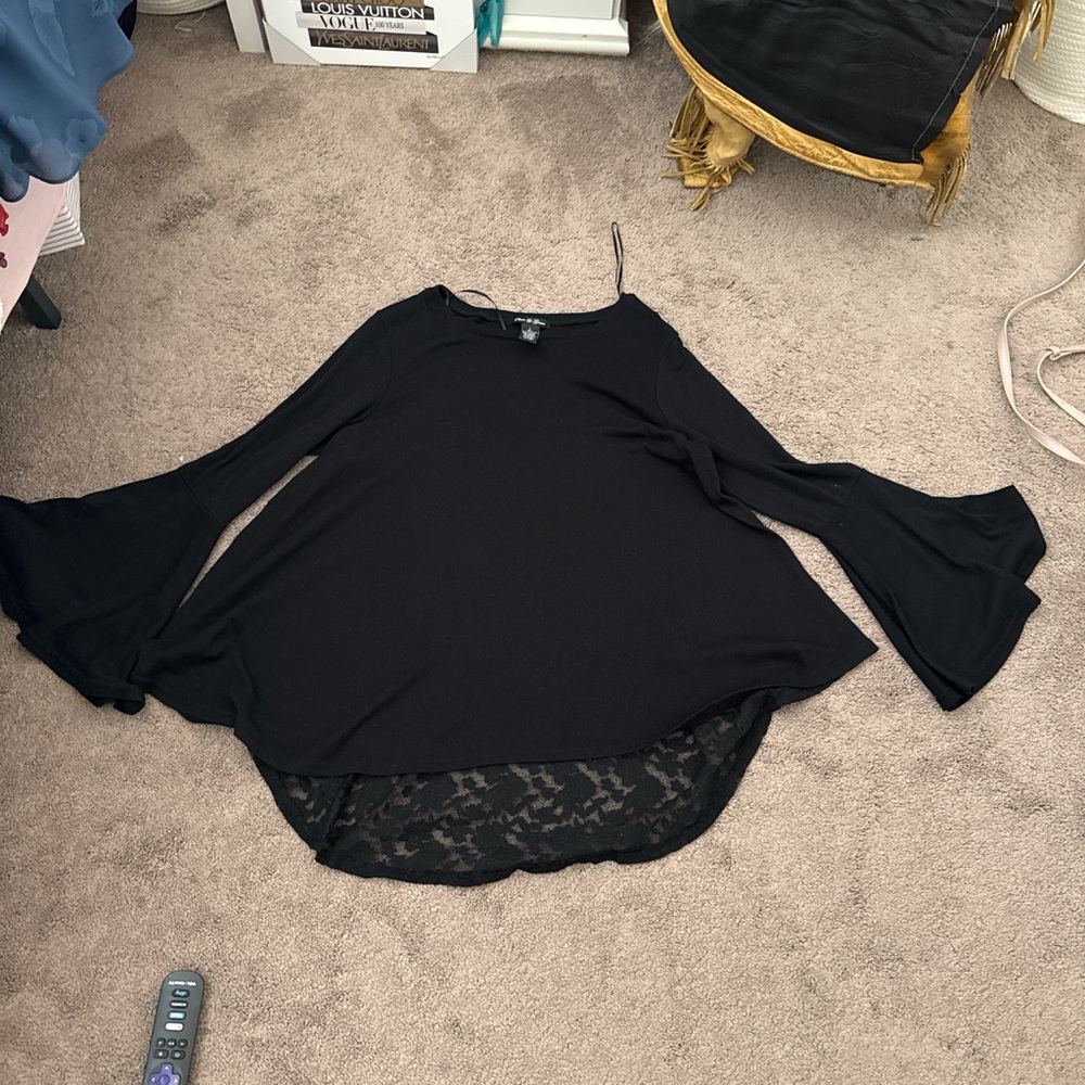 Black Asymmetrical Ruffled Bell Sleeve Blouse